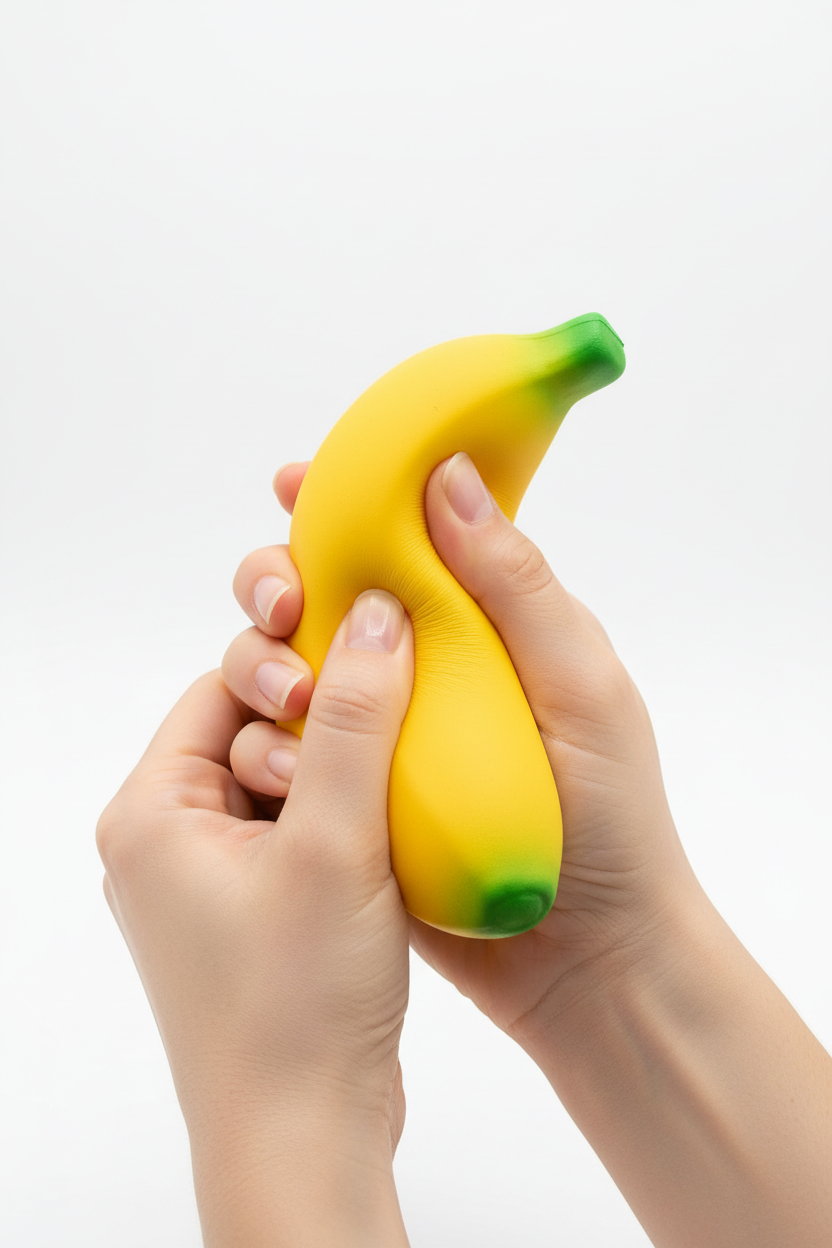 Manos apretando plátano jumbo squishy
